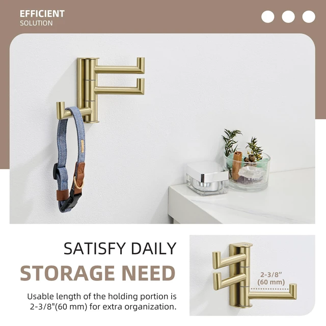 Alt view image 4 of 7 - Towel Hook 3 Arms, Swivel Coat Wall Hook, Brushed Gold Solid SUS304 Stainless Steel, Foldable Robe Towel Holder for Bathroom Kitchen Closet, Modern Space Saver, Screws Mounted