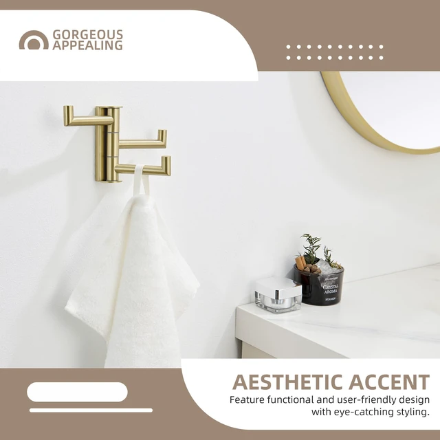 Alt view image 7 of 7 - Towel Hook 3 Arms, Swivel Coat Wall Hook, Brushed Gold Solid SUS304 Stainless Steel, Foldable Robe Towel Holder for Bathroom Kitchen Closet, Modern Space Saver, Screws Mounted