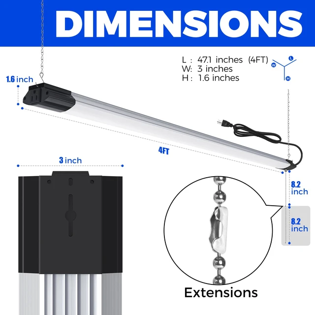 Alt view image 7 of 7 - BS84 LED Shop Lights 4FT for Workshop, 84W 10000LM 6500K, 1 Pack 4FT for Garage Basement Workbench, Hanging or Flush Mount, Linkable to 3, with Pull Chain Switch, Aluminum, Frosted Cover