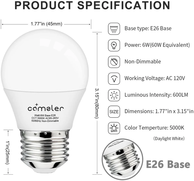 Alt view image 3 of 7 - 8 Pack E26 Ceiling Fan LED Light Bulbs 60W Equivalent 5000K Daylight A15 LED Small Light Bulb, Non-Dimmable, CRI85, 6 Watt 600LM, 120V, E26 Medium Base Appliance Bulb, Home Lighting