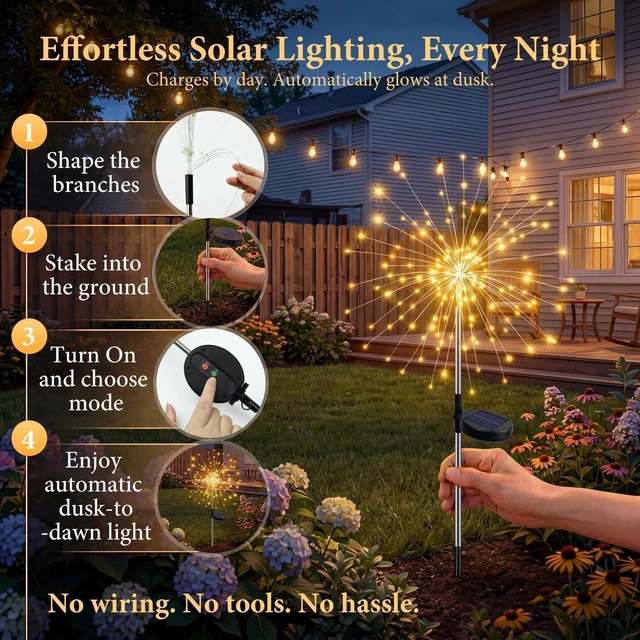 Alt view image 7 of 7 - Solar Garden Lights Outdoor 4 Pack, 120LED Solar Starburst Twinkle Firework Lights with 8 Modes,Waterproof Decorative Fairy Light for Yard, Garden, Halloween & Christmas Landscape Decor