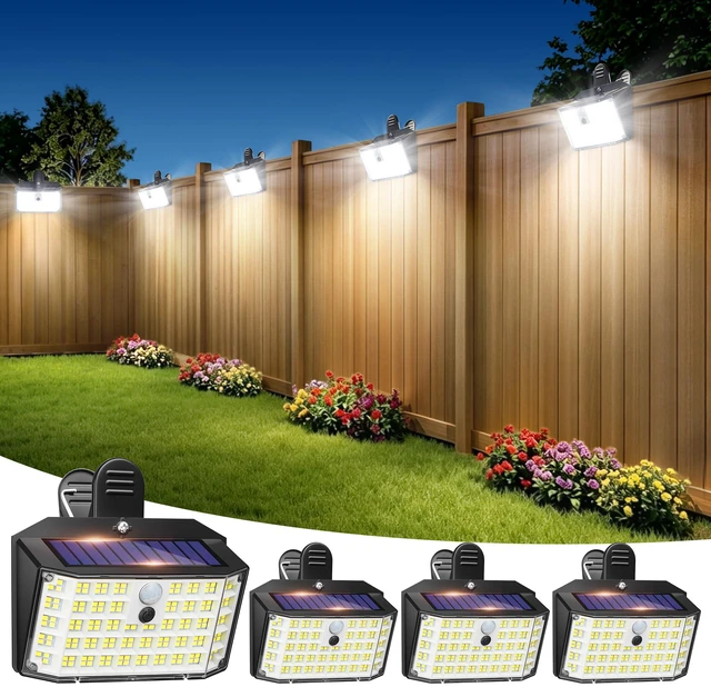 Main image of Clip on Solar Fence Lights Outdoor, 176 LED Motion Sensor Lights 600LM & 180°Wide Angle Solar Fence Lights with IP65 Waterproof Clip-On Design for Fence, Gutter, Patio and Camping 4 Pack