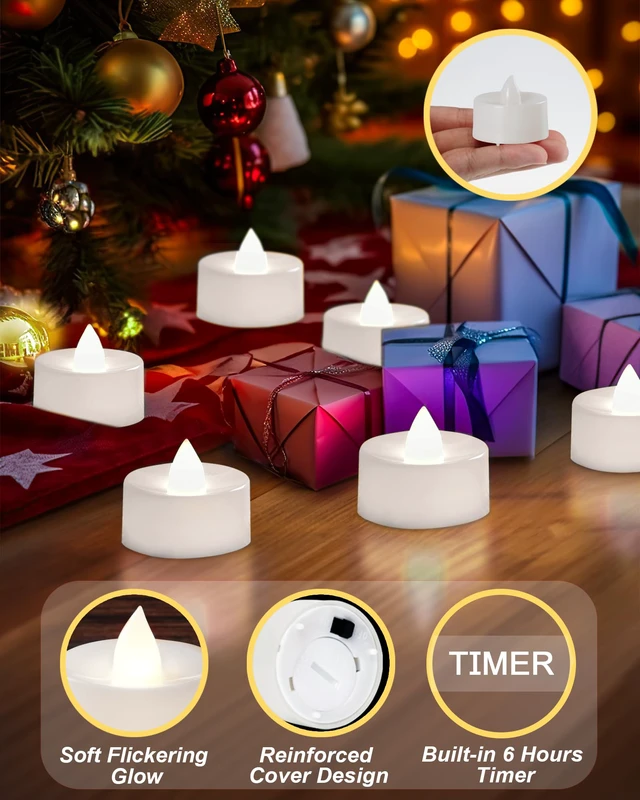 Alt view image 3 of 7 - 24Pack Battery Operated Tea Lights with Timer, 6H Timer Built-in 1.5"D x 1.3"H Flickering Electric Flameless LED Tealight Candles Votives for Table Centerpieces Holiday Home Decor,Cool White