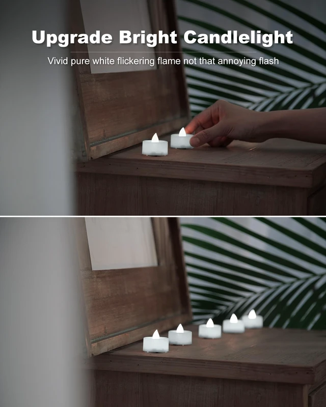 Alt view image 7 of 7 - 24Pack Battery Operated Tea Lights with Timer, 6H Timer Built-in 1.5"D x 1.3"H Flickering Electric Flameless LED Tealight Candles Votives for Table Centerpieces Holiday Home Decor,Cool White