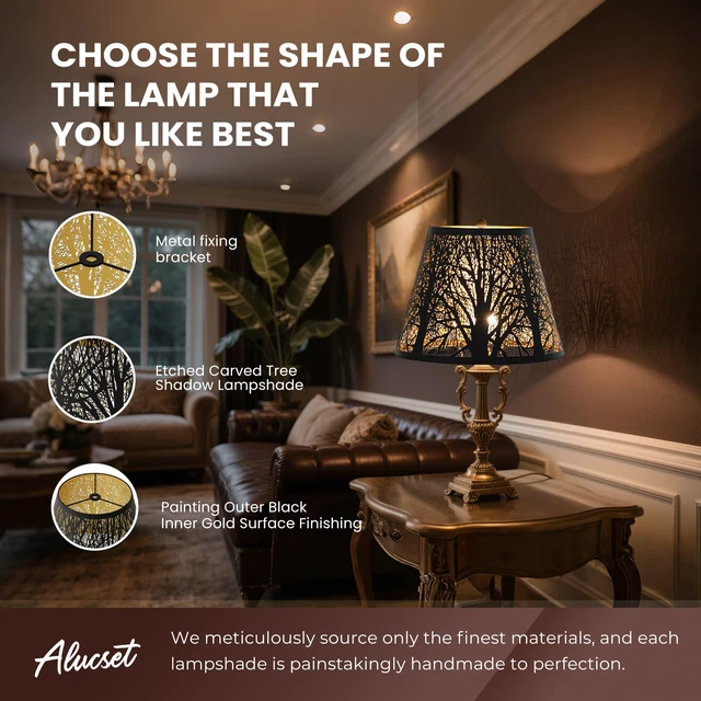 Alt view image 2 of 7 - Etched Small Forest Metal Lampshade set of 2,Top 6'' Bottom 10''Height 7.5" Barrel Shade Lampshade Fits Most Table Lamp and Floor Lamp Spider, Outer Black and inner Gold