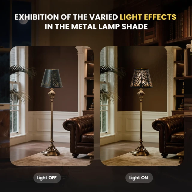 Alt view image 6 of 7 - Etched Small Forest Metal Lampshade set of 2,Top 6'' Bottom 10''Height 7.5" Barrel Shade Lampshade Fits Most Table Lamp and Floor Lamp Spider, Outer Black and inner Gold