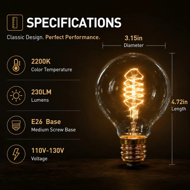 Alt view image 3 of 7 - 60W Incandescent Light Bulb 4-Pack, G80 Edison Bulb Clear Glass 2200K Warm Light, 230LM Brightness, 110V E26 Base, Dimmable Vintage Style Bulb for Bedroom Living Room Decor
