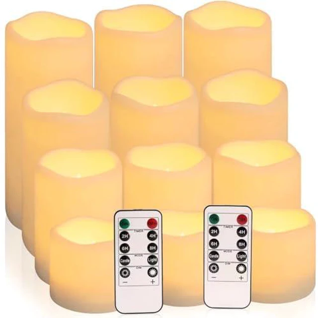 Main image of Flameless Battery Operated Outdoor Waterproof Set of 12(D: 3" x H: 3" 4" 5" 6") Pillar LED Candles with 10-Key Remote and Cycling 24 Hours Timer