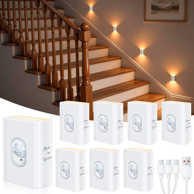 Main image of Motion Sensor Night Lights, Rechargeable Soft White Stair Lights Mini Wireless Magnetic Stick-on Light, 3-in-1 Charging Cable for Stairway, Bathroom, Bedroom, Kitchen, Closet(8 Pack)