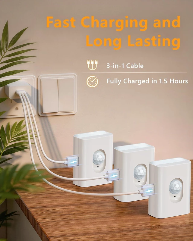 Alt view image 4 of 7 - Motion Sensor Night Lights, Rechargeable Soft White Stair Lights Mini Wireless Magnetic Stick-on Light, 3-in-1 Charging Cable for Stairway, Bathroom, Bedroom, Kitchen, Closet(8 Pack)