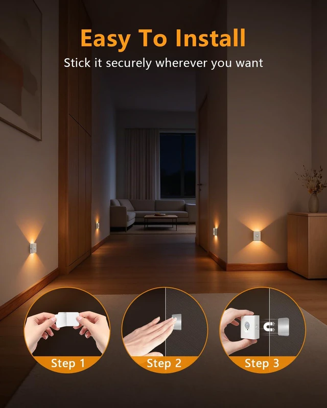 Alt view image 7 of 7 - Motion Sensor Night Lights, Rechargeable Soft White Stair Lights Mini Wireless Magnetic Stick-on Light, 3-in-1 Charging Cable for Stairway, Bathroom, Bedroom, Kitchen, Closet(8 Pack)