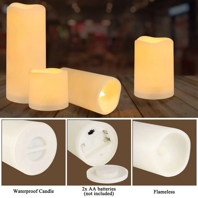 Alt view image 3 of 7 - Flameless Battery Operated Outdoor Waterproof Set of 12(D: 3" x H: 3" 4" 5" 6") Pillar LED Candles with 10-Key Remote and Cycling 24 Hours Timer