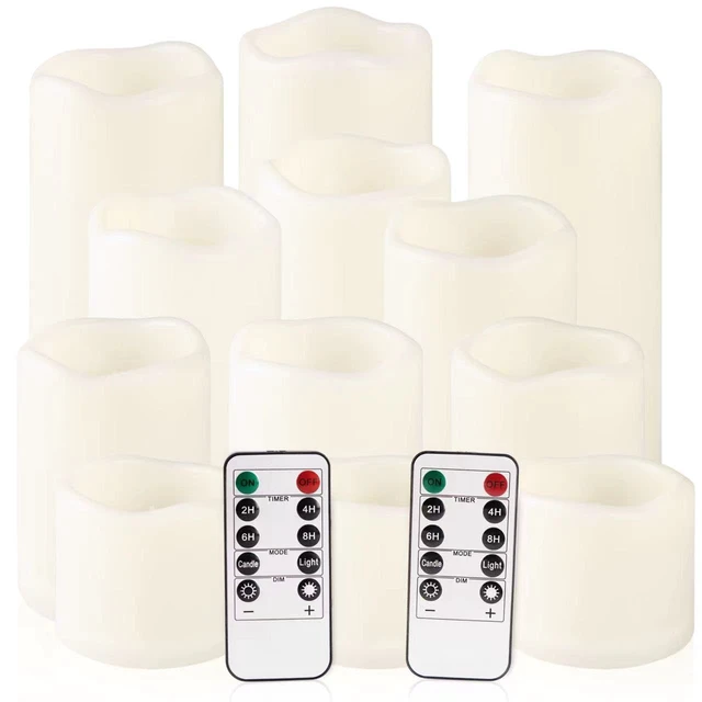 Alt view image 7 of 7 - Flameless Battery Operated Outdoor Waterproof Set of 12(D: 3" x H: 3" 4" 5" 6") Pillar LED Candles with 10-Key Remote and Cycling 24 Hours Timer