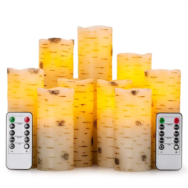 Main image of Flameless Flickering LED Candles with Birch Bark Effect - Set of 9 Battery-Operated Real Wax Pillar with 10-Key Remote Control - 2/4/6/8 Hour Timer