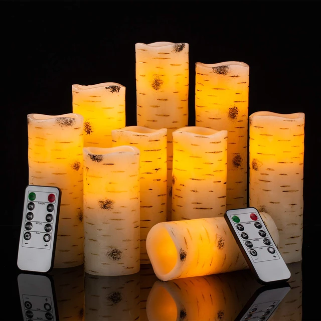 Alt view image 2 of 6 - Flameless Flickering LED Candles with Birch Bark Effect - Set of 9 Battery-Operated Real Wax Pillar with 10-Key Remote Control - 2/4/6/8 Hour Timer