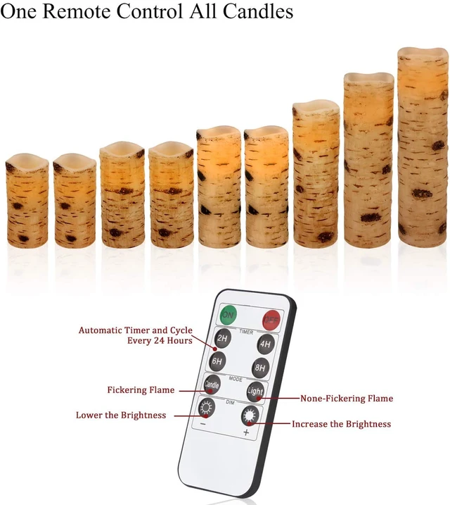 Alt view image 3 of 6 - Flameless Flickering LED Candles with Birch Bark Effect - Set of 9 Battery-Operated Real Wax Pillar with 10-Key Remote Control - 2/4/6/8 Hour Timer