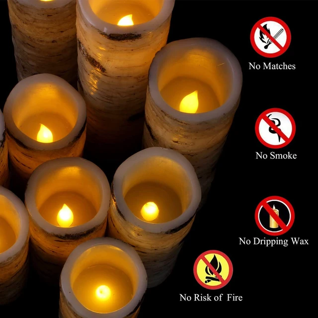 Alt view image 4 of 6 - Flameless Flickering LED Candles with Birch Bark Effect - Set of 9 Battery-Operated Real Wax Pillar with 10-Key Remote Control - 2/4/6/8 Hour Timer