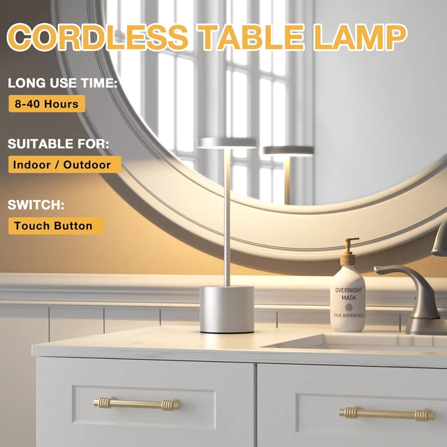 Alt view image 3 of 7 - Silver Gray Cordless Lamp Set, Rechargeable Lamp, 3 Color Temperature, LED Outdoor Wireless Lamps, Battery Operated Lamps, Stepless Dimmable, Touch Control