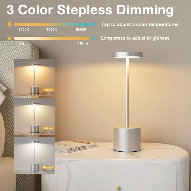 Alt view image 5 of 7 - Silver Gray Cordless Lamp Set, Rechargeable Lamp, 3 Color Temperature, LED Outdoor Wireless Lamps, Battery Operated Lamps, Stepless Dimmable, Touch Control