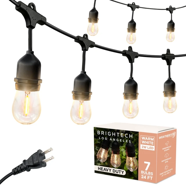Main image of Ambience Pro - Waterproof LED Outdoor String Lights - 7 Hanging, Dimmable 2W Vintage Edison Bulbs - 24 Ft Commercial Grade Patio Lights Create Cafe Ambience in Your Backyard