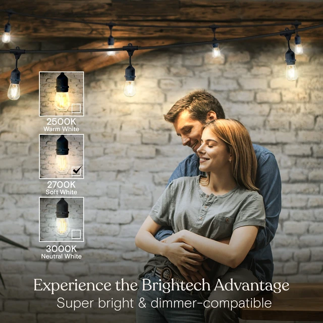 Alt view image 4 of 7 - Ambience Pro - 24 Ft Waterproof LED Outdoor String Lights - Hanging, Dimmable 2w Vintage Edison Bulbs -Commercial Grade Patio Lights Create Cafe Ambience in Your Backyard - 7 Lights, Black