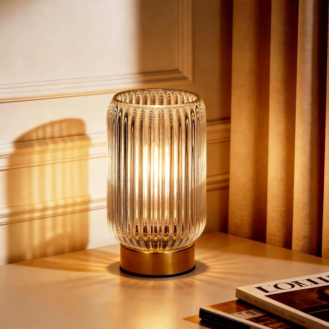 Main image of Battery Operated Lamp, Small Cordless Lamp with Timer, Clear Vertical Stripes Glass Lampshade, Small Table Lamps for Area No Plug, Decorative Led Light for Bedroom Living Room Shelf