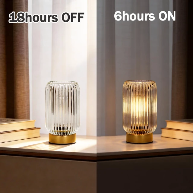 Alt view image 4 of 7 - Battery Operated Lamp, Small Cordless Lamp with Timer, Clear Vertical Stripes Glass Lampshade, Small Table Lamps for Area No Plug, Decorative Led Light for Bedroom Living Room Shelf