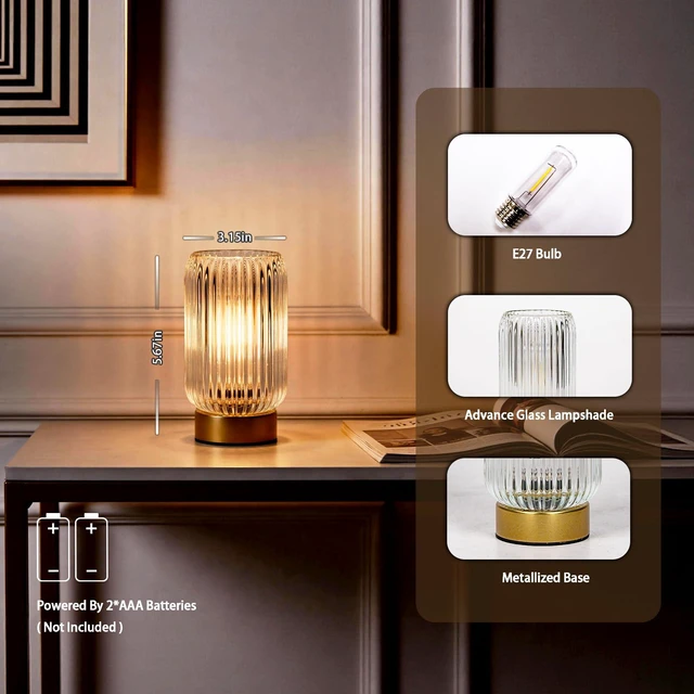 Alt view image 3 of 7 - Battery Operated Lamp, Small Cordless Lamp with Timer, Clear Vertical Stripes Glass Lampshade, Small Table Lamps for Area No Plug, Decorative Led Light for Bedroom Living Room Shelf