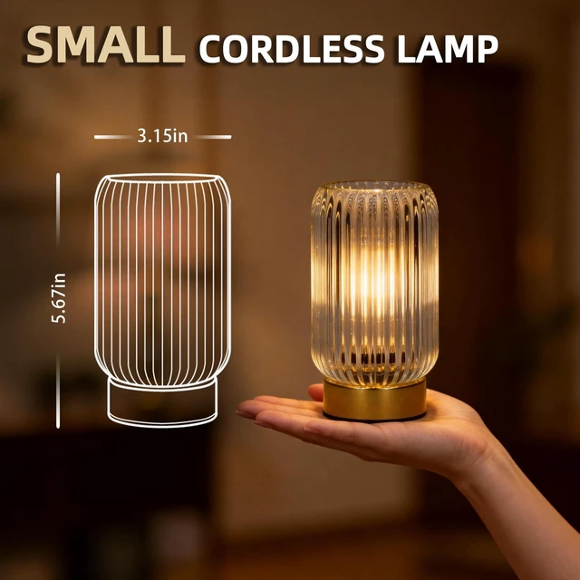 Alt view image 2 of 7 - Battery Operated Lamp, Small Cordless Lamp with Timer, Clear Vertical Stripes Glass Lampshade, Small Table Lamps for Area No Plug, Decorative Led Light for Bedroom Living Room Shelf