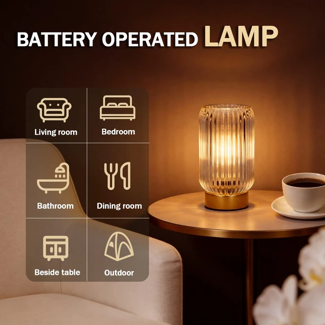 Alt view image 5 of 7 - Battery Operated Lamp, Small Cordless Lamp with Timer, Clear Vertical Stripes Glass Lampshade, Small Table Lamps for Area No Plug, Decorative Led Light for Bedroom Living Room Shelf