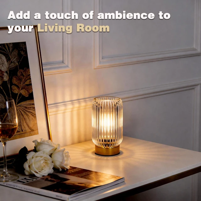 Alt view image 6 of 7 - Battery Operated Lamp, Small Cordless Lamp with Timer, Clear Vertical Stripes Glass Lampshade, Small Table Lamps for Area No Plug, Decorative Led Light for Bedroom Living Room Shelf