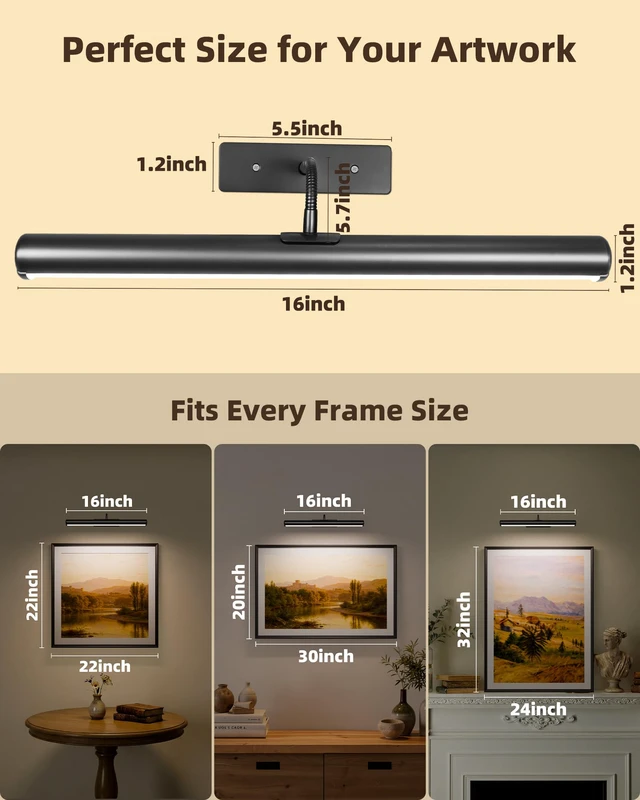 Alt view image 4 of 7 - 16inch Black Picture Lights for Wall with Remote Control 6000mAh Rechargeable Battery, Wireless, 3 Color Temps, Dimmable, Modern Light for Wall
