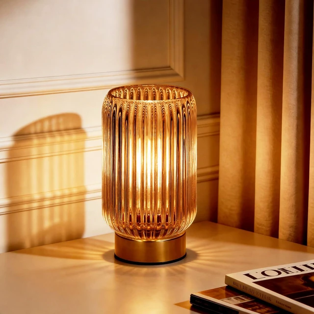 Main image of Battery Operated Lamp, Small Cordless Lamp with Timer, Yellow Vertical Stripes Glass Lampshade, Small Table Lamps for Area No Plug, Decorative Led Light for Bedroom Living Room Shelf