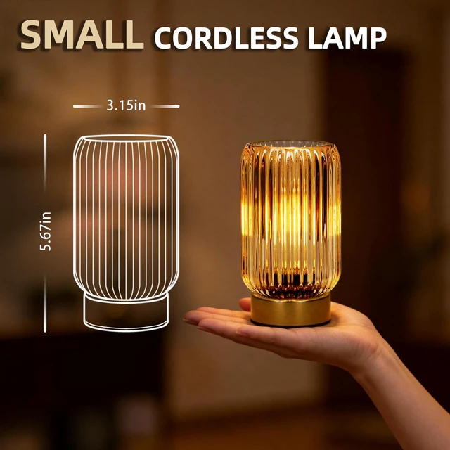 Alt view image 2 of 7 - Battery Operated Lamp, Small Cordless Lamp with Timer, Yellow Vertical Stripes Glass Lampshade, Small Table Lamps for Area No Plug, Decorative Led Light for Bedroom Living Room Shelf