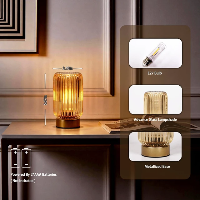 Alt view image 3 of 7 - Battery Operated Lamp, Small Cordless Lamp with Timer, Yellow Vertical Stripes Glass Lampshade, Small Table Lamps for Area No Plug, Decorative Led Light for Bedroom Living Room Shelf