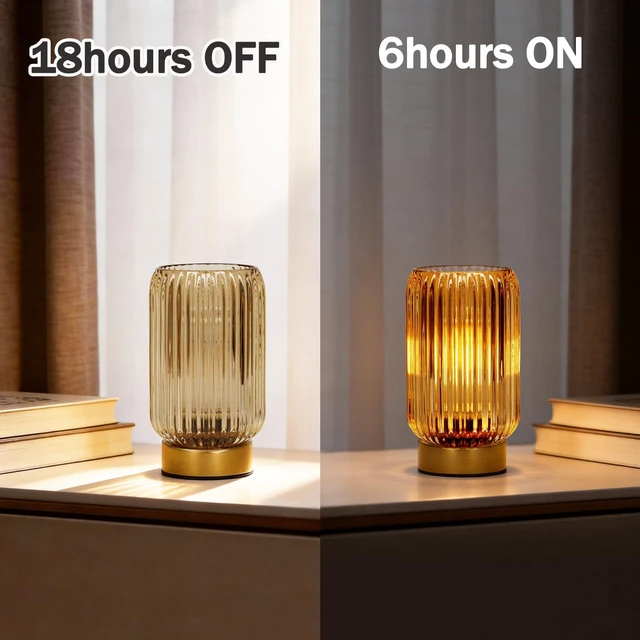 Alt view image 4 of 7 - Battery Operated Lamp, Small Cordless Lamp with Timer, Yellow Vertical Stripes Glass Lampshade, Small Table Lamps for Area No Plug, Decorative Led Light for Bedroom Living Room Shelf