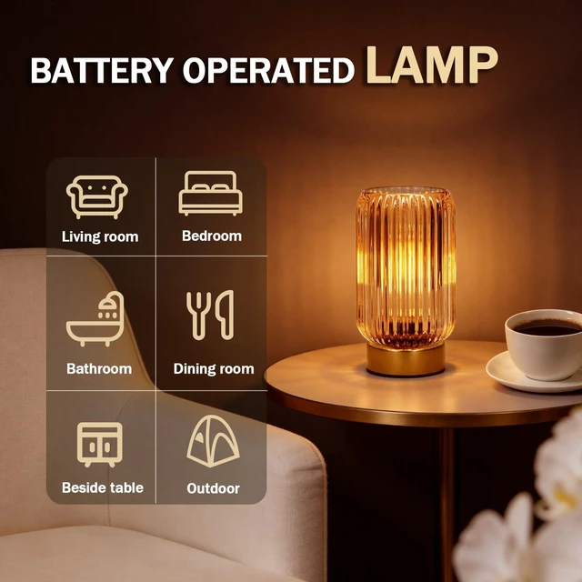 Alt view image 5 of 7 - Battery Operated Lamp, Small Cordless Lamp with Timer, Yellow Vertical Stripes Glass Lampshade, Small Table Lamps for Area No Plug, Decorative Led Light for Bedroom Living Room Shelf