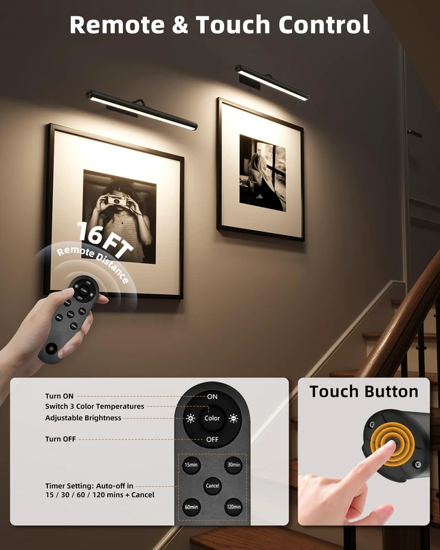 Alt view image 5 of 7 - 16inch Black Picture Lights for Wall with Remote Control 6000mAh Rechargeable Battery, Wireless, 3 Color Temps, Dimmable, Modern Light for Wall