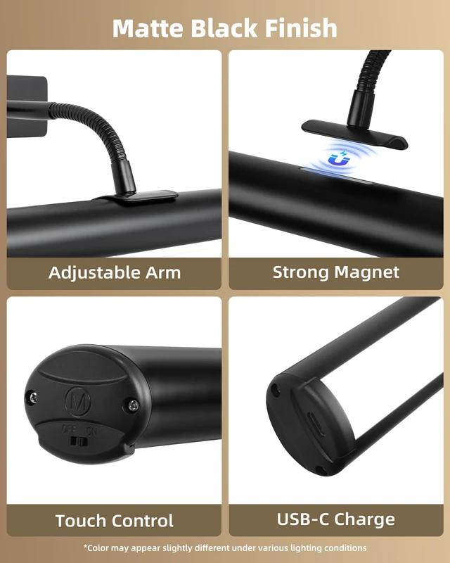 Alt view image 7 of 7 - 16inch Black Picture Lights for Wall with Remote Control 6000mAh Rechargeable Battery, Wireless, 3 Color Temps, Dimmable, Modern Light for Wall