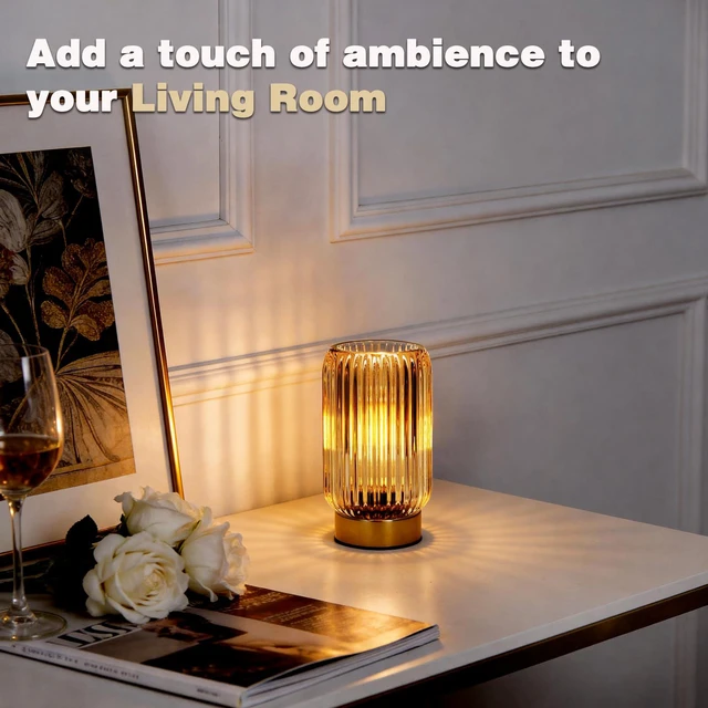 Alt view image 6 of 7 - Battery Operated Lamp, Small Cordless Lamp with Timer, Yellow Vertical Stripes Glass Lampshade, Small Table Lamps for Area No Plug, Decorative Led Light for Bedroom Living Room Shelf