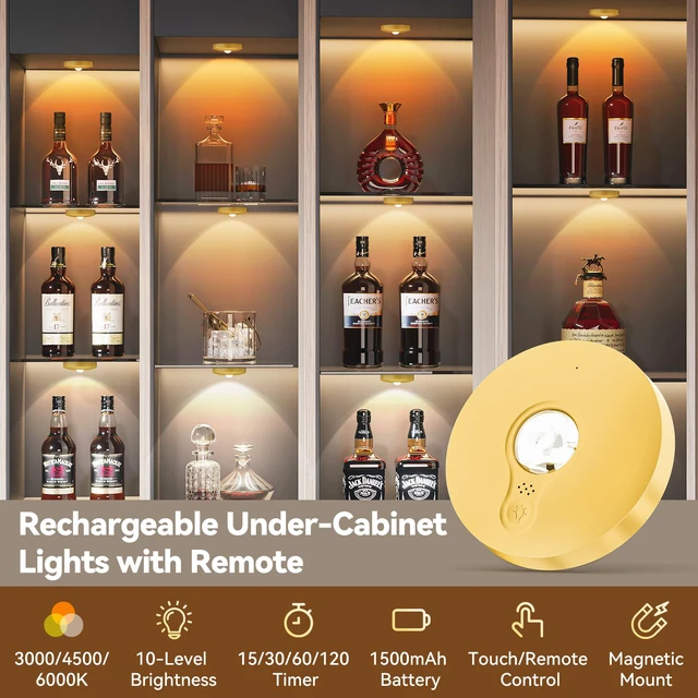Alt view image 2 of 7 - Rechargeable Puck Lights with Remote, 12 Pack Magnetic Under Cabinet Lighting, 1500mAh Battery Operated LED Tap Lights with Dimmer & Timmer for Kitchen, Closet, Shelf - 3 Color Temps, Gold