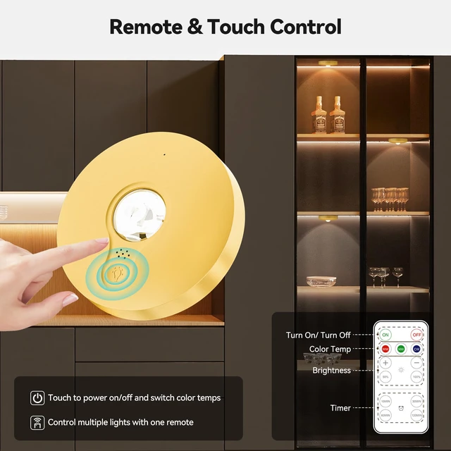 Alt view image 4 of 7 - Rechargeable Puck Lights with Remote, 12 Pack Magnetic Under Cabinet Lighting, 1500mAh Battery Operated LED Tap Lights with Dimmer & Timmer for Kitchen, Closet, Shelf - 3 Color Temps, Gold