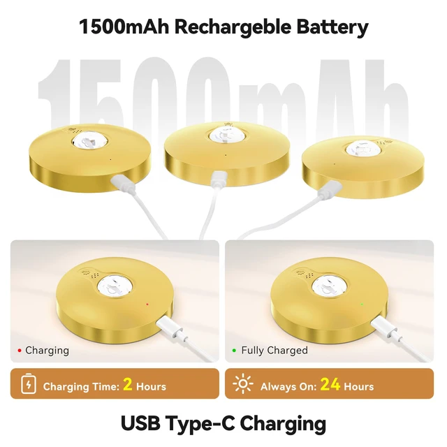 Alt view image 5 of 7 - Rechargeable Puck Lights with Remote, 12 Pack Magnetic Under Cabinet Lighting, 1500mAh Battery Operated LED Tap Lights with Dimmer & Timmer for Kitchen, Closet, Shelf - 3 Color Temps, Gold