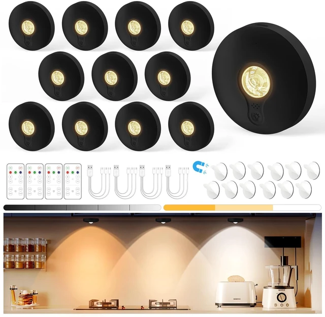 Main image of Rechargeable Puck Lights with Remote, 12 Pack Magnetic Under Cabinet Lighting, 1500mAh Battery Operated LED Tap Lights with Dimmer & Timmer for Kitchen, Closet, Shelf - 3 Color Temps, Black