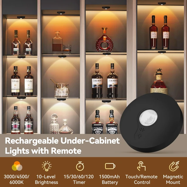 Alt view image 2 of 7 - Rechargeable Puck Lights with Remote, 12 Pack Magnetic Under Cabinet Lighting, 1500mAh Battery Operated LED Tap Lights with Dimmer & Timmer for Kitchen, Closet, Shelf - 3 Color Temps, Black
