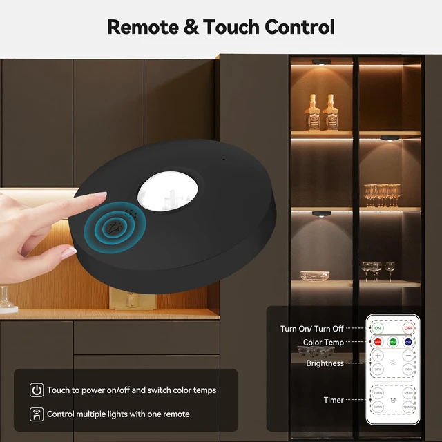 Alt view image 4 of 7 - Rechargeable Puck Lights with Remote, 12 Pack Magnetic Under Cabinet Lighting, 1500mAh Battery Operated LED Tap Lights with Dimmer & Timmer for Kitchen, Closet, Shelf - 3 Color Temps, Black