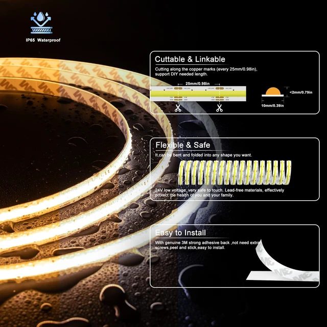 Alt view image 3 of 7 - COB LED Strip Light CCT Tunable White IP65 Waterproof,CRI90+ 24ft/7.5m 2700K-6500K Dimmable 24V LED Tape Light,for Under Cabinet Bedroom Kitchen DIY Lighting(Adapter&Controller NOT Included)