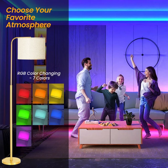Alt view image 2 of 7 - Arc Floor Lamp with Remote Control Dimmable Gold lamps for Living Room Modern Tall Standing Lamp for Bedroom Corner and Office wiht Adjustable Hanging Drum Shade Over Couch Arched Reading Light