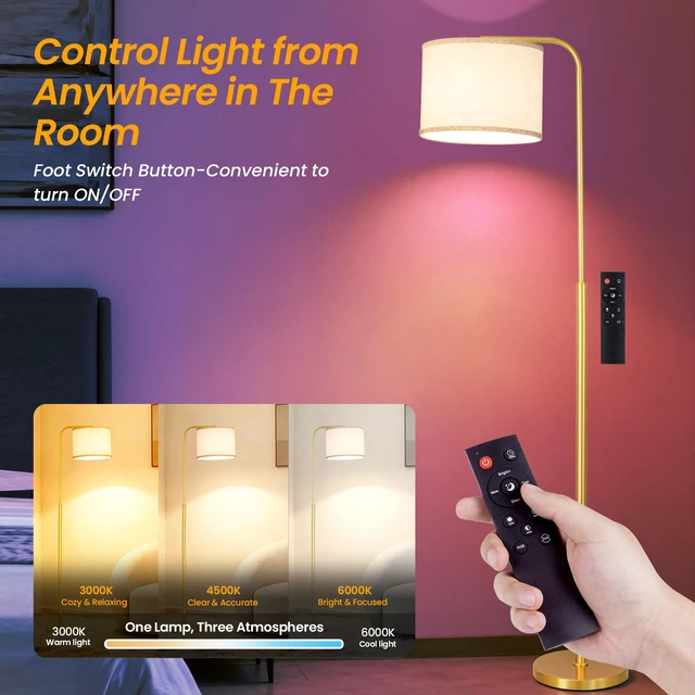 Alt view image 3 of 7 - Arc Floor Lamp with Remote Control Dimmable Gold lamps for Living Room Modern Tall Standing Lamp for Bedroom Corner and Office wiht Adjustable Hanging Drum Shade Over Couch Arched Reading Light