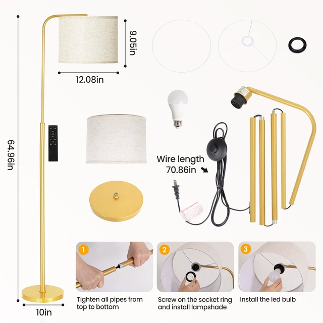 Alt view image 7 of 7 - Arc Floor Lamp with Remote Control Dimmable Gold lamps for Living Room Modern Tall Standing Lamp for Bedroom Corner and Office wiht Adjustable Hanging Drum Shade Over Couch Arched Reading Light